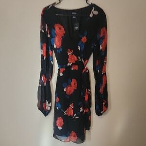 Club Monaco Black and Red Floral Long Sleeve Dress